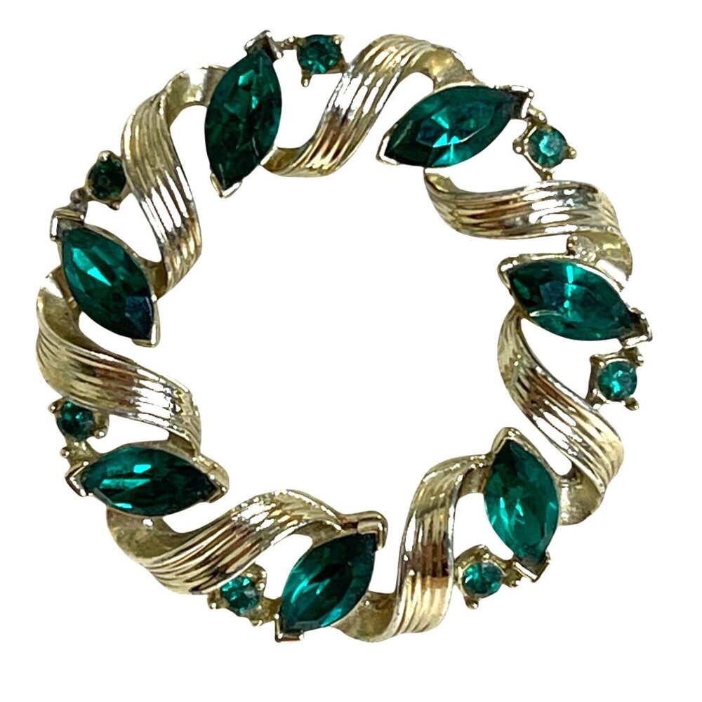 VTG Lisner Gold-Tone Ribbon Brooch Pin Emerald Green Rhinestones Glass Wreath - Picture 7 of 7